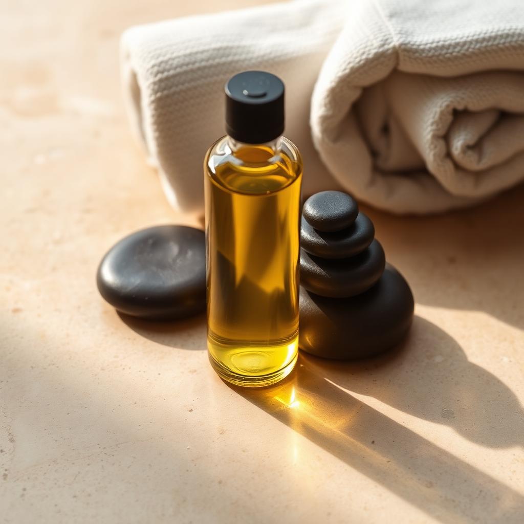 Massage oil and hot stones prepared for a Relivana treatment